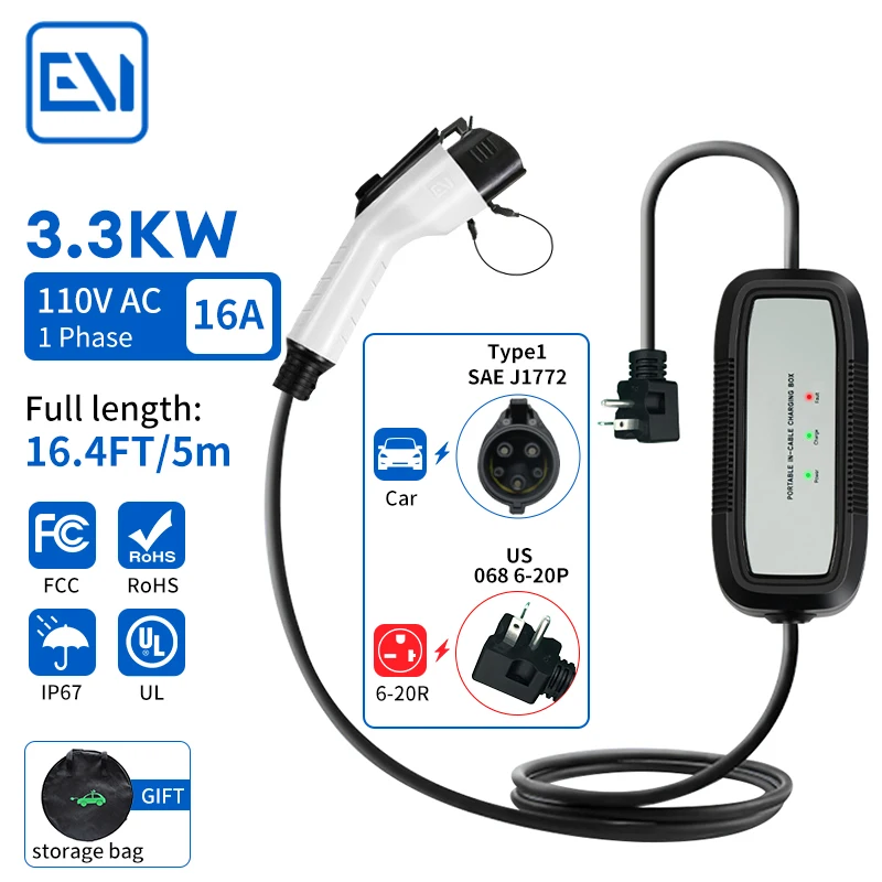 EV Charger Type 1 j1772 Charger Portable Wallbox 1phase 3.3KW 16A Fast Charging With 5M Cable For Various Electric Vehicles
EV Charger Type 1 j1772 Charger Portable Wallbox 1phase 3.3KW 16A Fast Charging With 5M Cable For Various Electric Vehicles