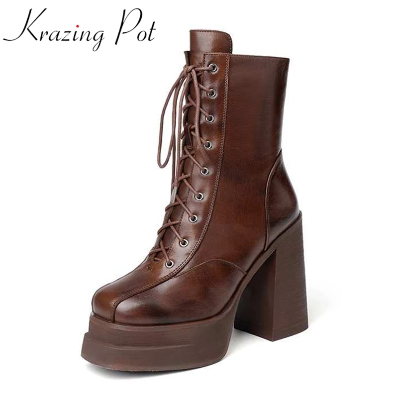 Krazing Pot Cow Leather Super High Heels Lace Up Modern Platform Boots KPOP Fashion Evening Party Sexy Square Toe Ankle Boots
Krazing Pot Cow Leather Super High Heels Lace Up Modern Platform Boots KPOP Fashion Evening Party Sexy Square Toe Ankle Boots