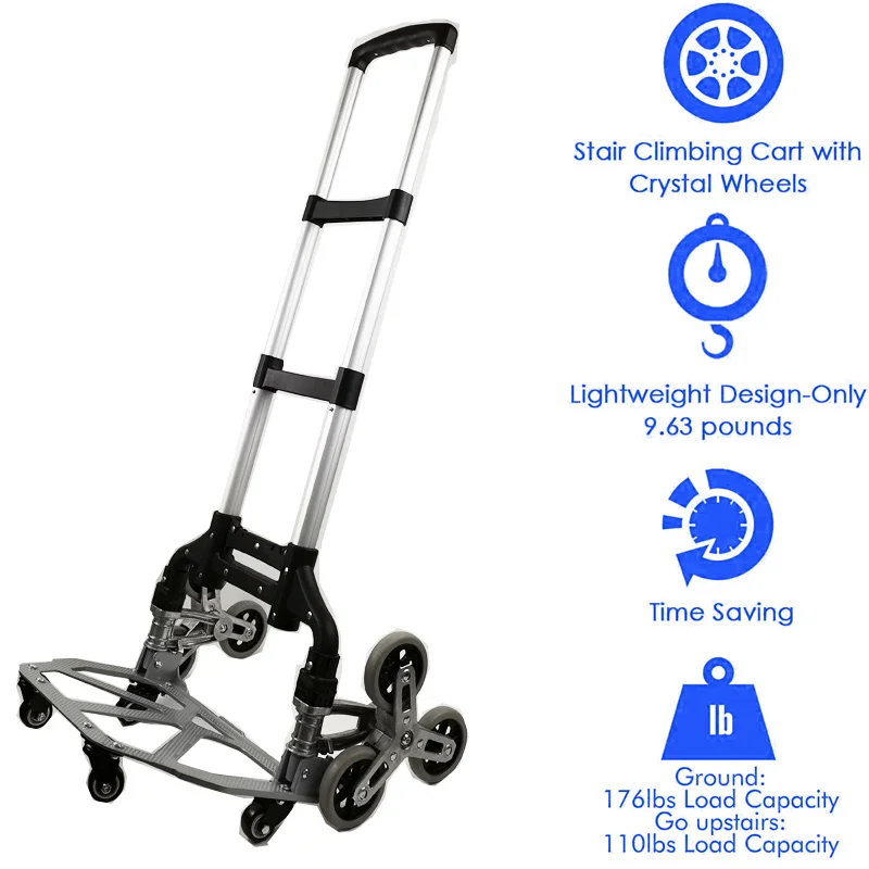 

150KG All Terrain Stair Climbing Cart Hand Truck with Bungee Cord Folding Trolley for Upstairs Cargo with Bag 6 Crystal Wheels