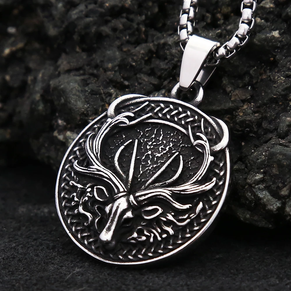 

Vintage Nordic Celtic Knots Necklace For Men Stainless Steel Deer Head Pendant Viking Animal Amulet Jewelry Gifts Dropshipping