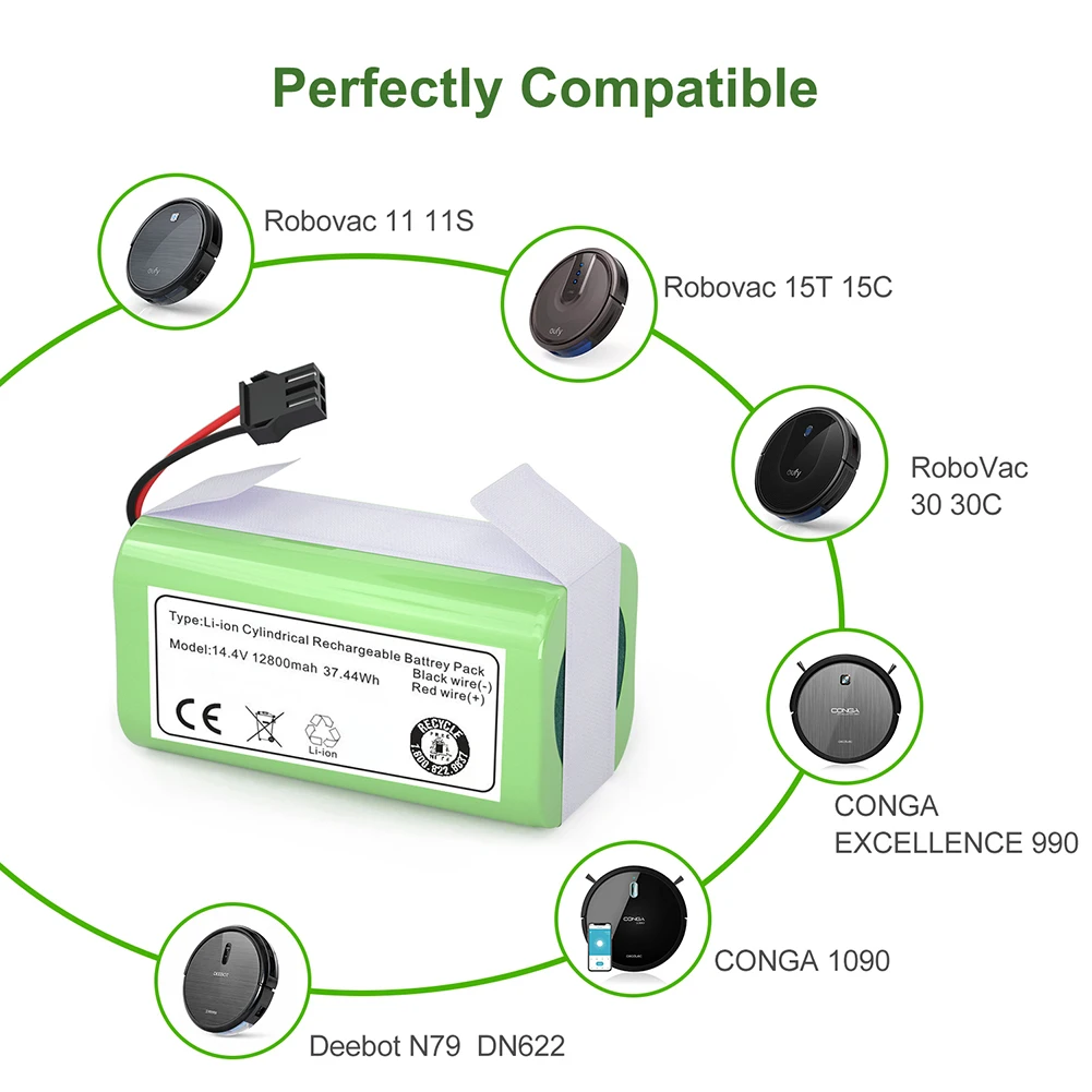 New 14.4V 12800mAh Li-ion Battery for Conga Excellence 990 1090 Ecovacs Deebot N79S N79 DN622 Eufy Robovac 11 11S 12 35C X500
New 14.4V 12800mAh Li-ion Battery for Conga Excellence 990 1090 Ecovacs Deebot N79S N79 DN622 Eufy Robovac 11 11S 12 35C X500
