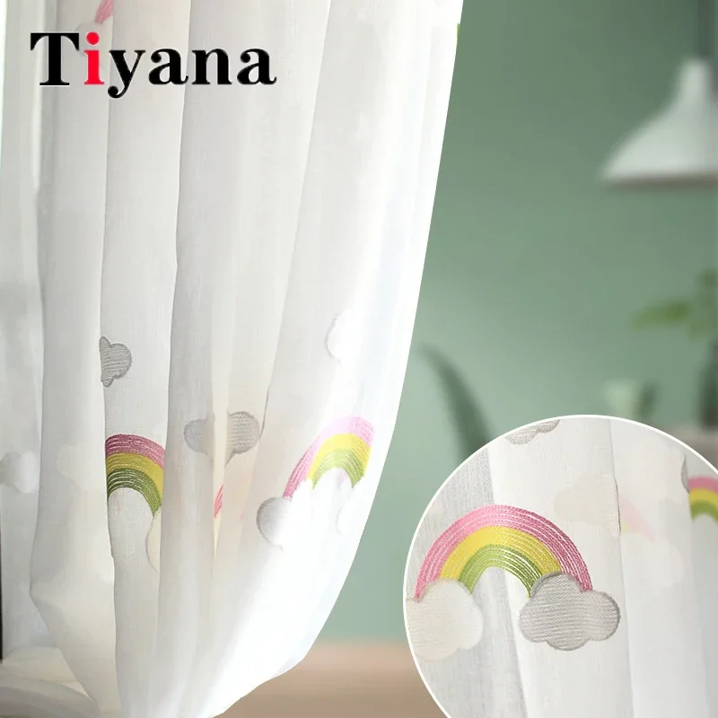 

Cartoon White Clouds Embroidered Rainbow Sheer Tulle Curtains For Children Bedroom Living Room Window Cotton Flax Voile Drapes