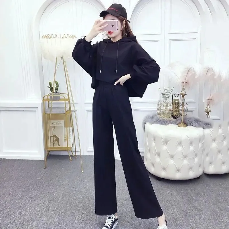 Suit Women's Spring Autumn New Solid Color Hooded Sweatshirt Top+Elastic Waist Wide Leg Pants Two-piece Set Female Clothing 023
Suit Women's Spring Autumn New Solid Color Hooded Sweatshirt Top+Elastic Waist Wide Leg Pants Two-piece Set Female Clothing 023