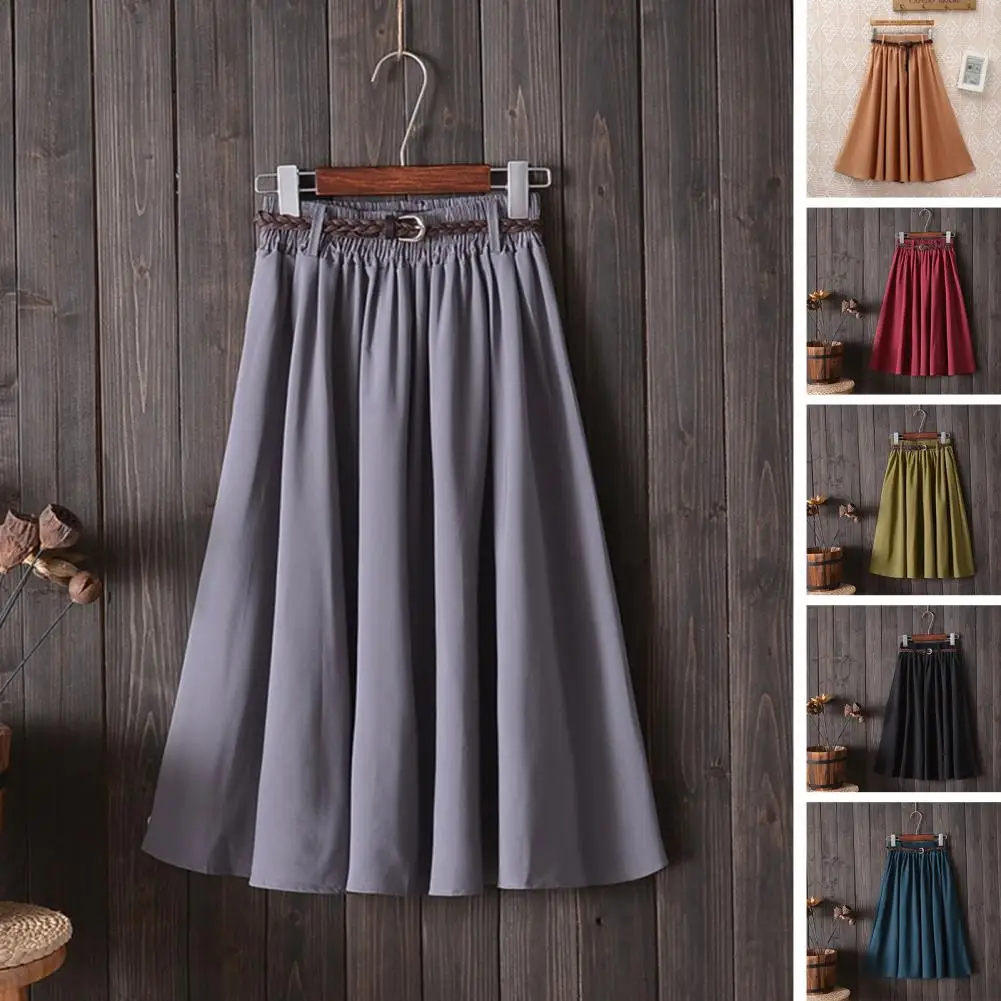 Винтажная Женская юбка с поясом, однотонная трапециевидная юбка из полиэстера в стиле ретро, уличная одежда средней длины 
Винтажная Женская юбка с поясом, однотонная трапециевидная юбка из полиэстера в стиле ретро, уличная одежда средней длины