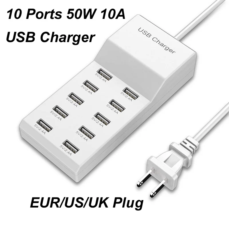 

10 Ports 50W 10A 5V/2.1A 5V/1A USB Hub Wall AC Power Fast Charging Charger Adapter Travel US EU Plug For iPhone Samsung Xiaomi M