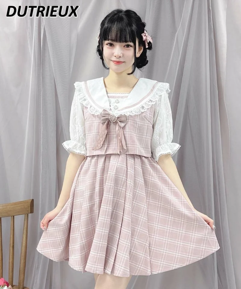 Japanese Single Rojita Dress Lolita Sweet Lace Short Sleeve Dress Women's Sailor Collar Color Bow Short Plaid Dress for Students
Japanese Single Rojita Dress Lolita Sweet Lace Short Sleeve Dress Women's Sailor Collar Color Bow Short Plaid Dress for Students