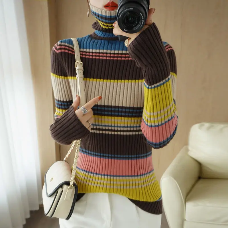 2022 Lady Autumn Winter Slim Korean Striped Bottoming Shirt Comfortable Turtleneck Long Sleeve Sweater Pullovers Women Clothing
2022 Lady Autumn Winter Slim Korean Striped Bottoming Shirt Comfortable Turtleneck Long Sleeve Sweater Pullovers Women Clothing