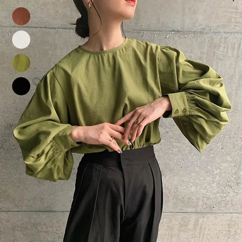 

Рубашка из чистого хлопка, блузка с круглым вырезом и рукавами-фонариками, рубашки в Корейском стиле с разрезом сзади, новинка весны 2023, топы для женщин