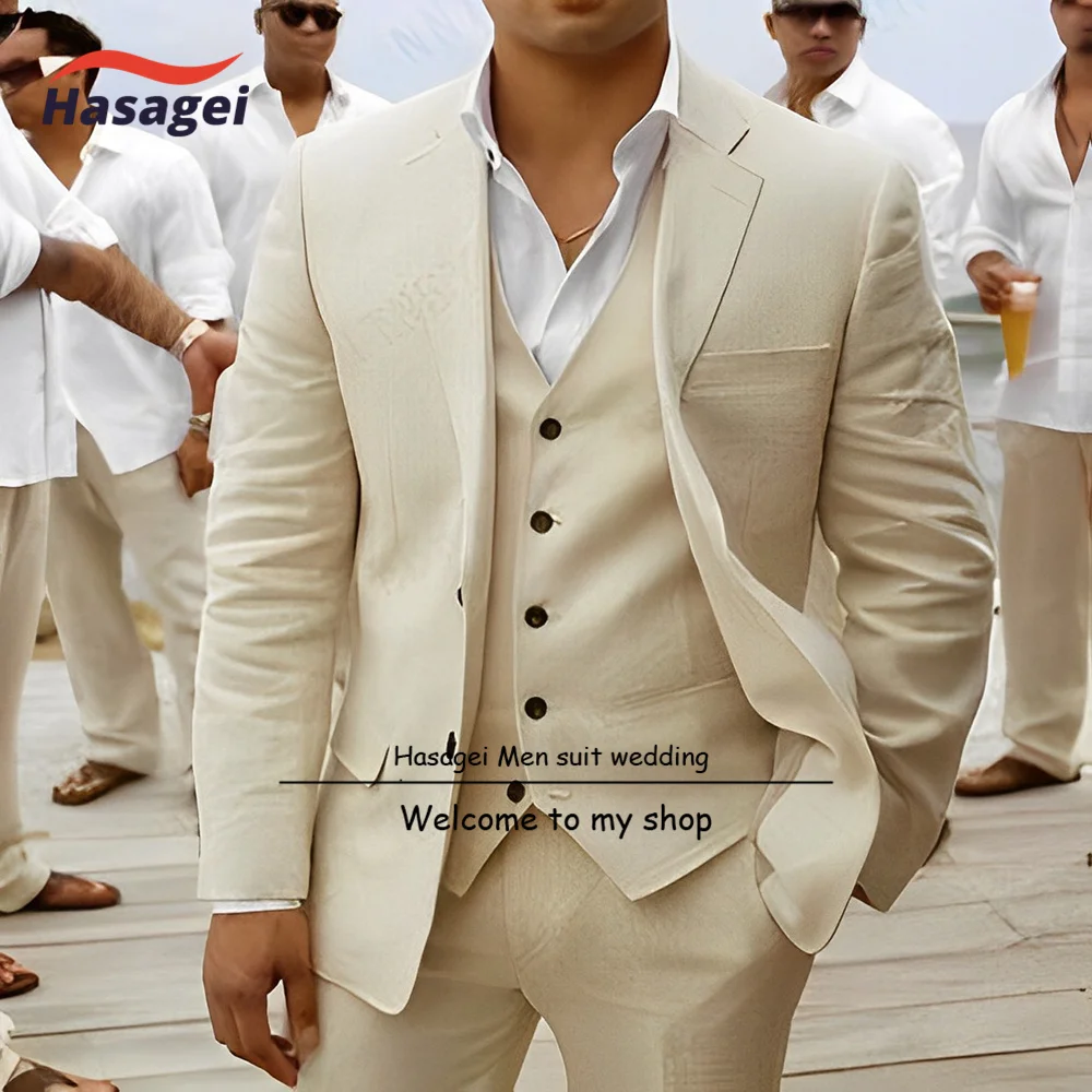 

Мужской костюм из трех предметов, жилет и брюки из льняного материала, смокинг для жениха на свадьбу, дышащий приталенный деловой Блейзер, 2023