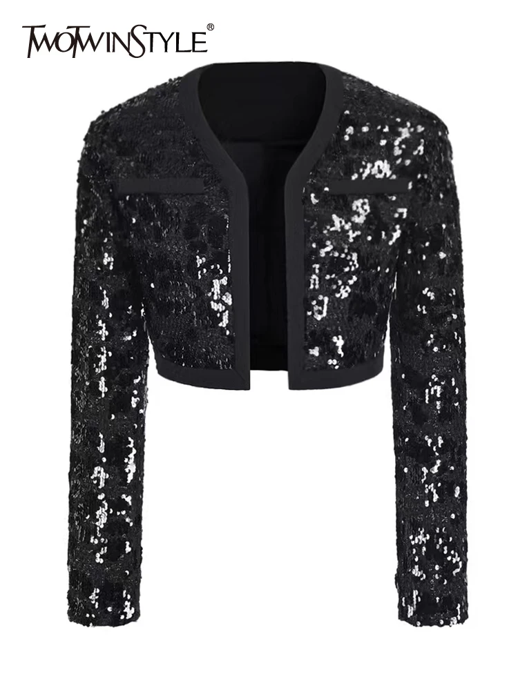 TWOTWINSTYLE Streetwear Sequins Jacket For Women V Neck Long Sleeve Solid Minimalist Open Stitch Jackets Female Clothing Fashion
TWOTWINSTYLE Streetwear Sequins Jacket For Women V Neck Long Sleeve Solid Minimalist Open Stitch Jackets Female Clothing Fashion