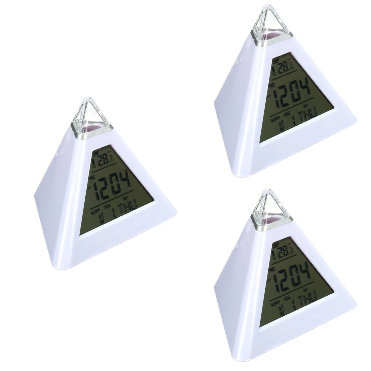 3 pcs Digital Clock White Changing 7 Color Pyramid Digital Clock Alarm Clock for Dormitory Bedroom Home Room
3 pcs Digital Clock White Changing 7 Color Pyramid Digital Clock Alarm Clock for Dormitory Bedroom Home Room