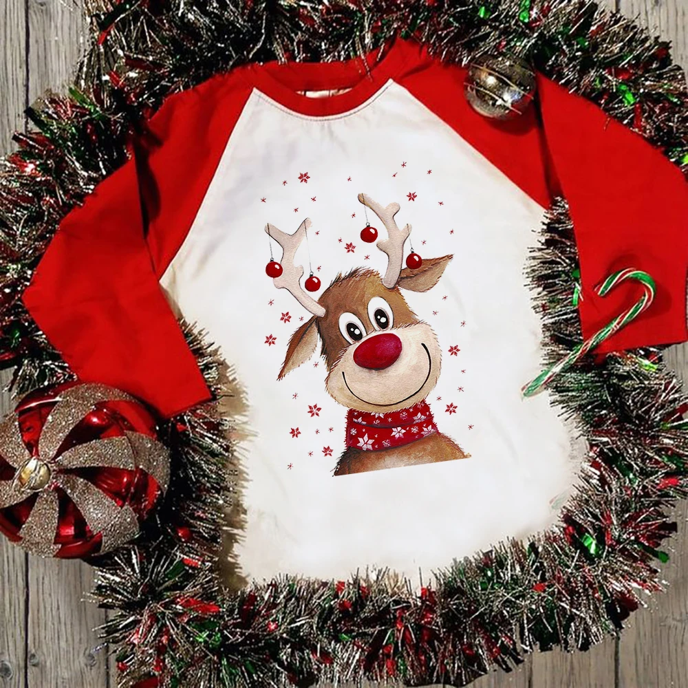

Merry Christmas Deer Print T-shirt Child Raglan Clothes Xmas Kids Present Sibling RaglanTees Boys Girls Clothes Long Sleeve Tops