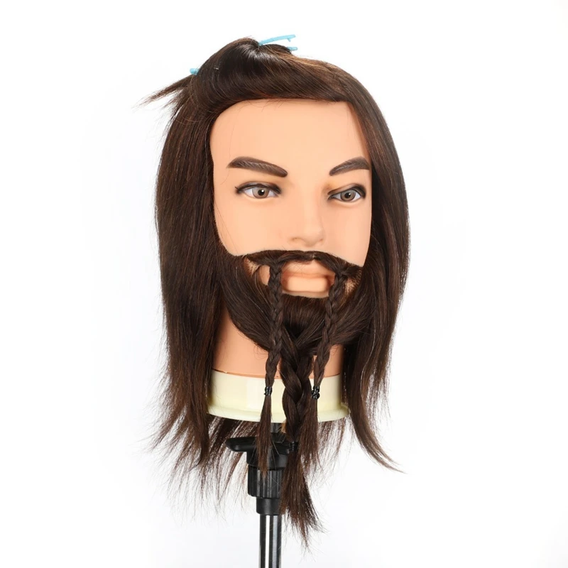 

Мужская Тренировочная голова-манекен из темно-коричневых волос с бородой, мужской парик, модель головы для практики окрашивания и стрижки с зажимом