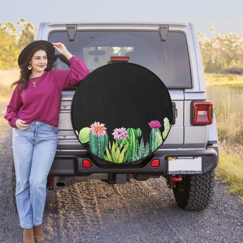 

Green Cactus/Cacti w/ Pink Flowers - Spare Jeep Tire Cover Backup Camera Hole Option - Wrangler, Jeep Liberty, 2021 Bronco, RV,