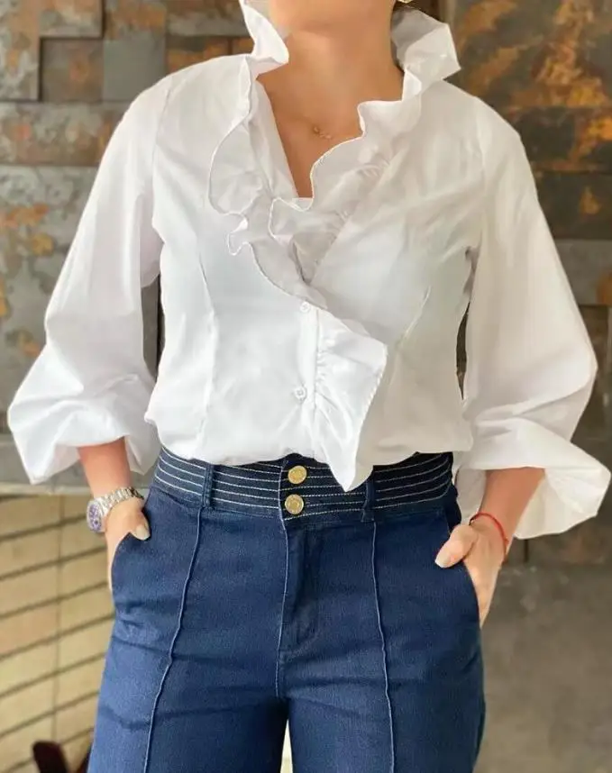 Fashion Woman Blouses 2023 Spring Lantern Sleeve Ruffle Hem Button Front Casual Plain Stand Collar Long Sleeve Daily Shirt
Fashion Woman Blouses 2023 Spring Lantern Sleeve Ruffle Hem Button Front Casual Plain Stand Collar Long Sleeve Daily Shirt