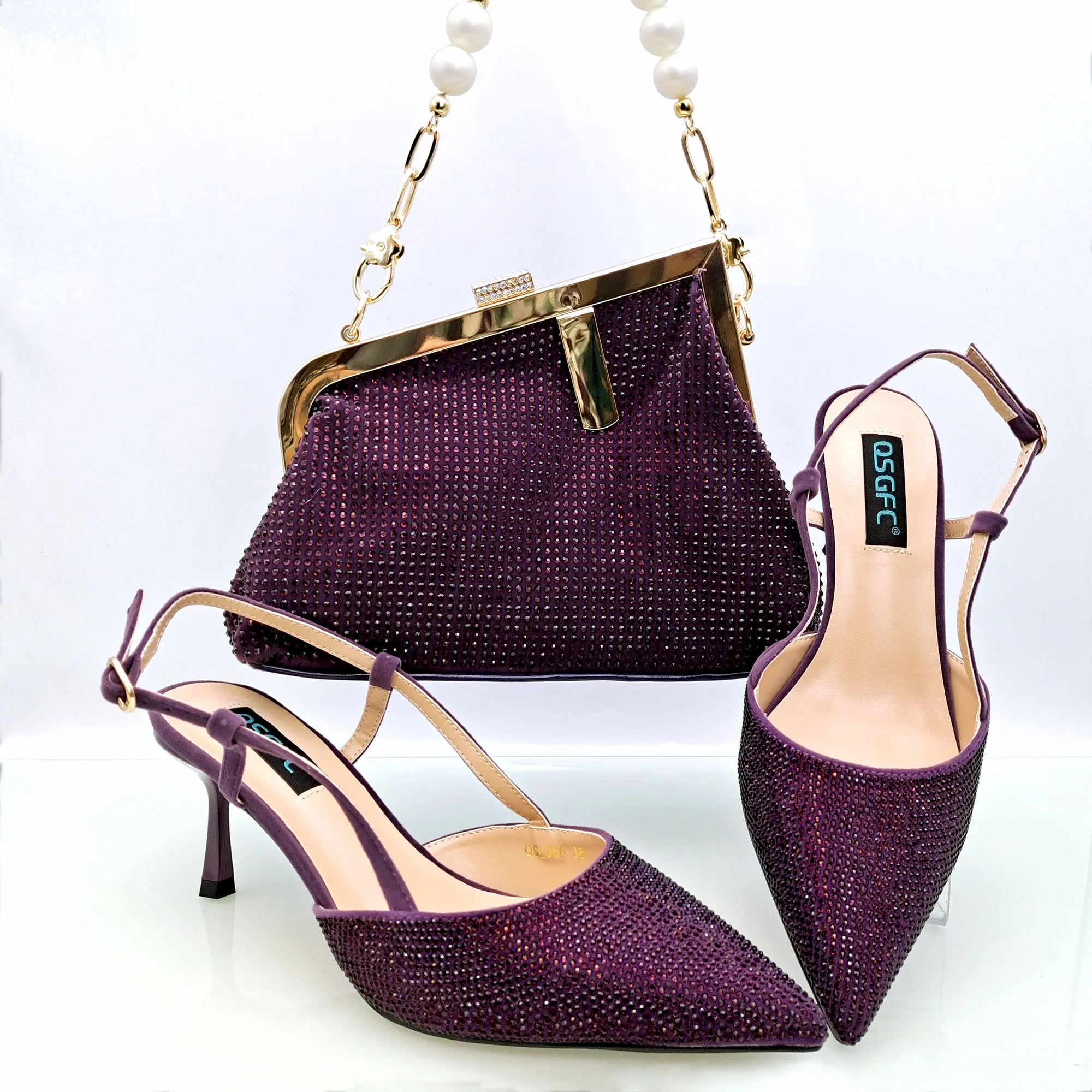 

Fashionable New Arrivals Nigerian 2023 Design Women Shoes and Bag Set in D.Purple Color Decorate with Rhinestone for Party