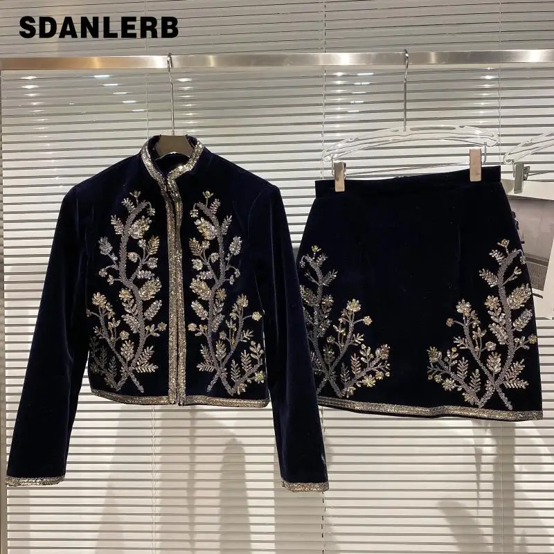 2021 Winter New Long Sleeve Elegant Jacket Sequined Embroidered Leaves Velvet Short Coat + Short Hip Skirt Women's Two Piece Set
2021 Winter New Long Sleeve Elegant Jacket Sequined Embroidered Leaves Velvet Short Coat + Short Hip Skirt Women's Two Piece Set