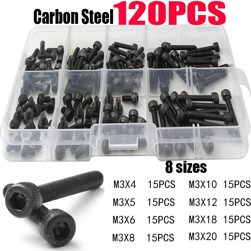 120Pcs Carbon Steel Hex Bolt Cylinder Head Black Bolt Hardware Fastener Screw Kit M3/4/5/6/8/10/12/18/20
120Pcs Carbon Steel Hex Bolt Cylinder Head Black Bolt Hardware Fastener Screw Kit M3/4/5/6/8/10/12/18/20