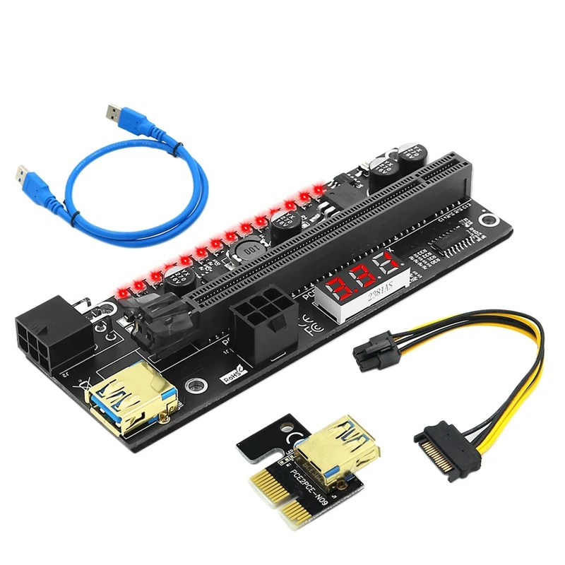 PCIE Riser 1X to 16X Graphic Extension Card with 3.3V Digital Meter Display and 3528 Colorful LED for BTC Mining
PCIE Riser 1X to 16X Graphic Extension Card with 3.3V Digital Meter Display and 3528 Colorful LED for BTC Mining