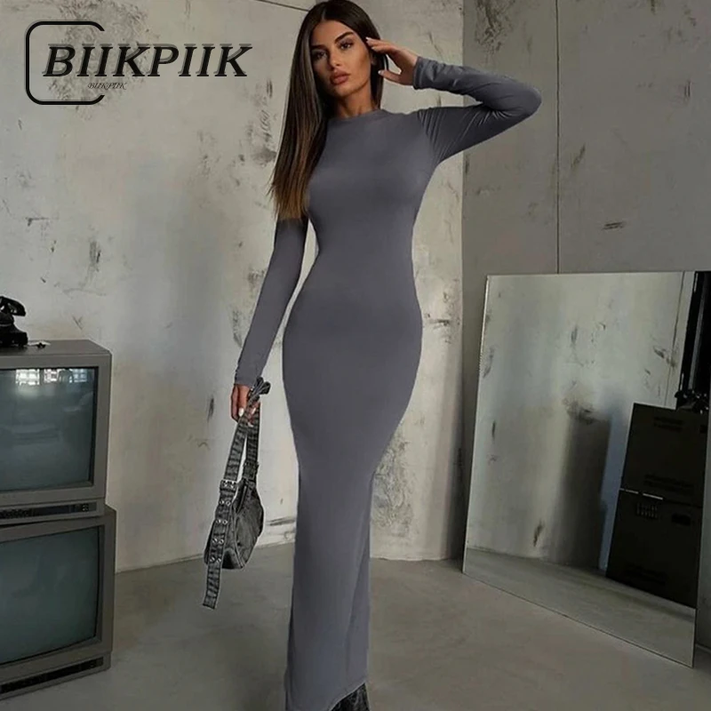 

BIIKPIIK Elegant Solid Backless Lady Dress Sexy Concise Vent Long Evening Dress Casual Slim Party Gown Basic Robe Autumn Outfits
