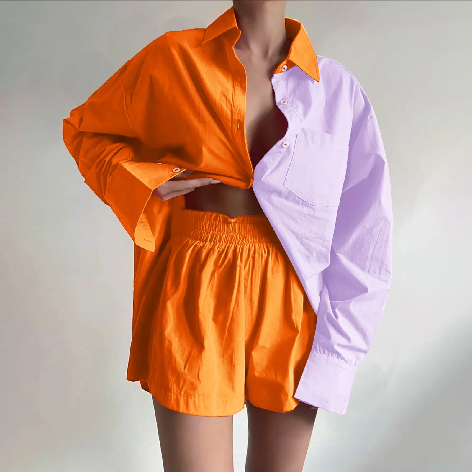 Женский повседневный комплект из рубашки с длинным рукавом и шортов с широкими штанинами 
Женский повседневный комплект из рубашки с длинным рукавом и шортов с широкими штанинами