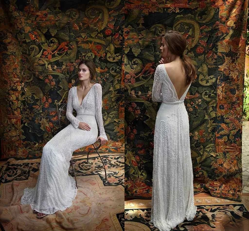 Lace Wedding Dresses Long Sleeves Deep V Neck Backless Bridal Dress Sweep Train Custom Made Spring Beach Wedding Gowns
Lace Wedding Dresses Long Sleeves Deep V Neck Backless Bridal Dress Sweep Train Custom Made Spring Beach Wedding Gowns