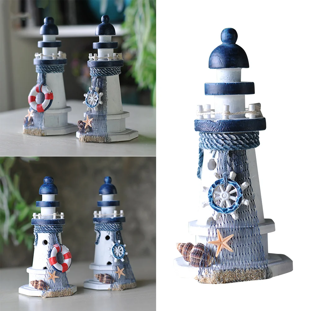 

1PC Mediterranean Ocean Lighthouse Ornaments Pine Wood Artistic Figurine Craft Cabinet Desktop Mini Figurines for Table