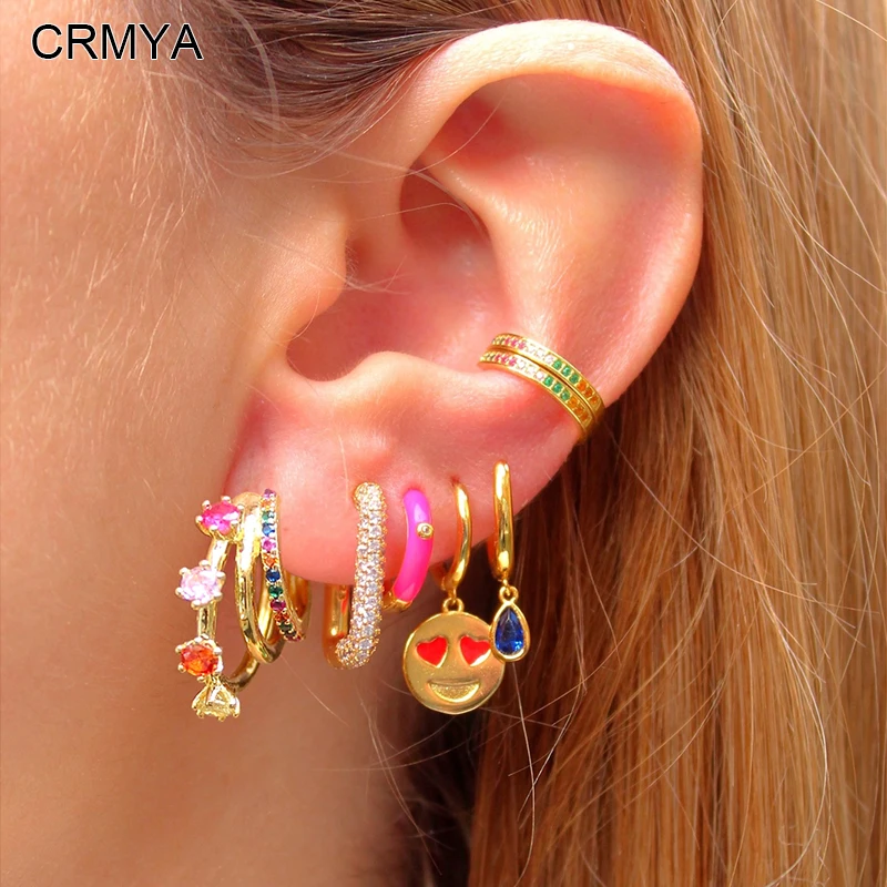 

CRMYA Gold-plated Hoop Clip Dangle Earrings for Women Fashion Color CZ Zircon Piercing Female Earring Set 2023 Jewelry Wholesale