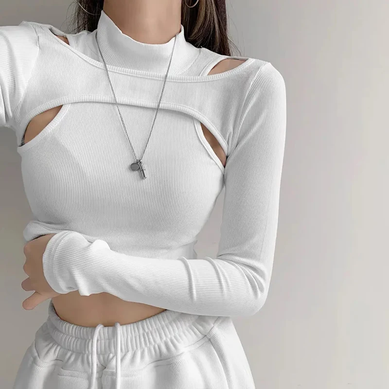 Sexy Hollow Out Crop Knitted T-Shirt Women Sport Fitness Fake Two Slim Tops Harajuku Fashion Korean Long Sleeve All Match Tops
Sexy Hollow Out Crop Knitted T-Shirt Women Sport Fitness Fake Two Slim Tops Harajuku Fashion Korean Long Sleeve All Match Tops