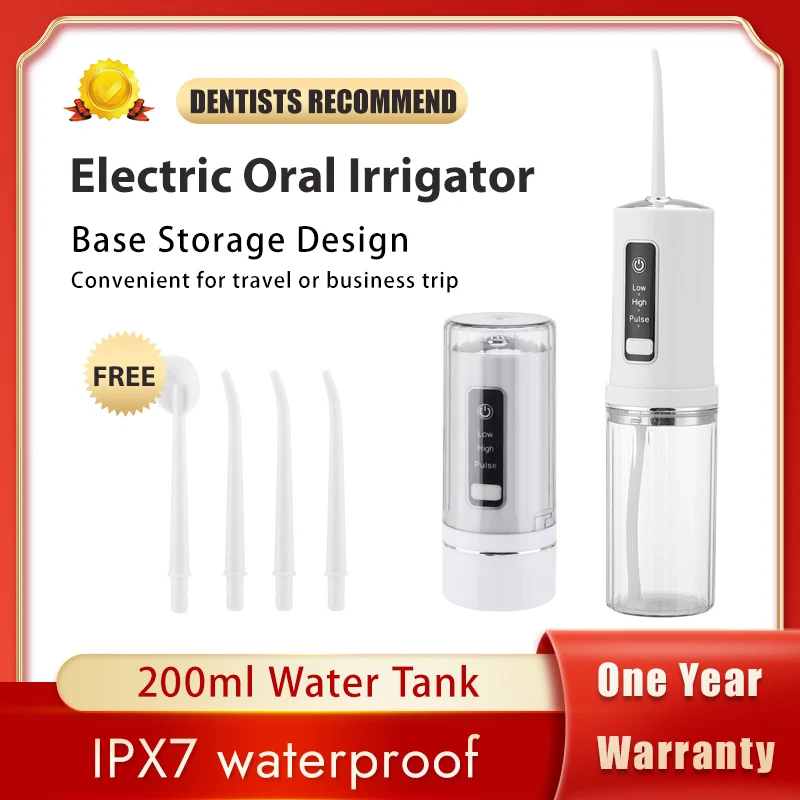 

Oral Irrigator Portable Dental Water Flosser USB Rechargeable Water Jet Floss Tooth Pick 4 Jet Tip 200ml 3 Modes IPX7 1800rpm