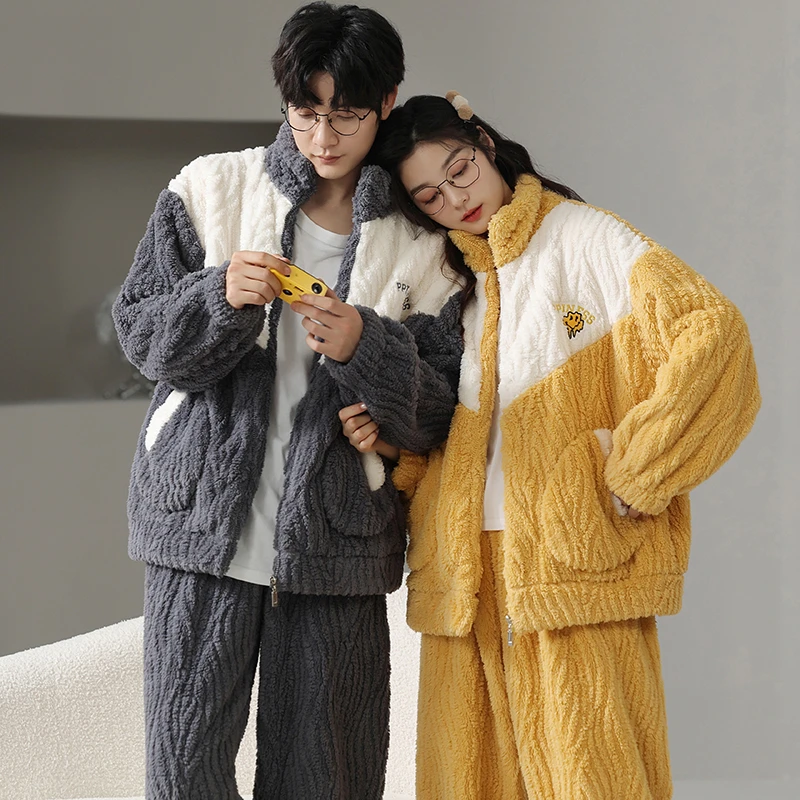Winter Thicken Couples Pajamas Set Cute Yellow Patchwork Ladies Zipper Pajama Jacket Coral Fleece Pyjamas Men's Sport Home Suits
Winter Thicken Couples Pajamas Set Cute Yellow Patchwork Ladies Zipper Pajama Jacket Coral Fleece Pyjamas Men's Sport Home Suits