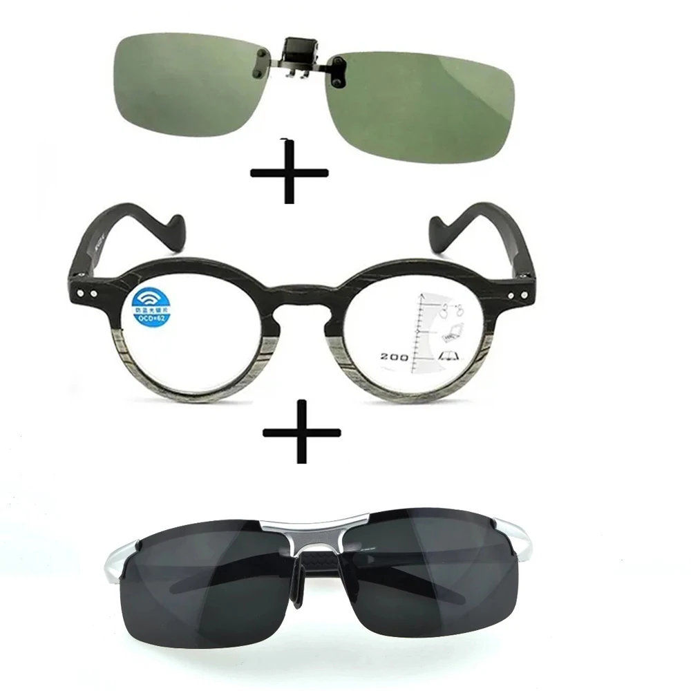

3 шт.! Деревянные прогрессивные многофокальные очки для дальнего и ближнего света для чтения для мужчин и женщин + поляризованные солнцезащитные очки из сплава для улицы + солнцезащитные очки с зажимом