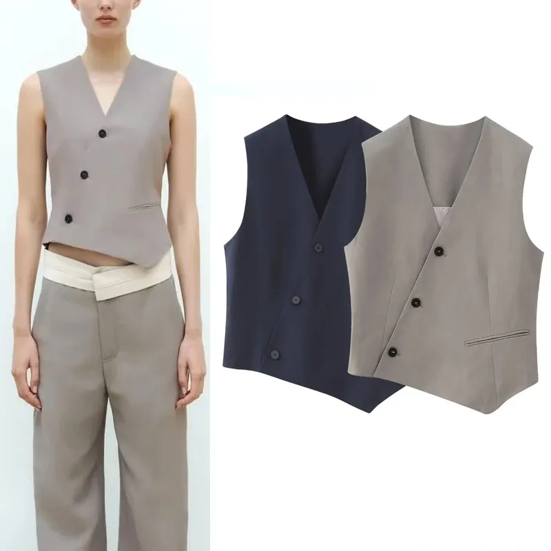 

TRAF Asymmetric Vests For Women 2023 Vintage Gray V-Neck Button Sleeveless Jacket Korean Women's Suit Vest Elegant Waistcoat Set