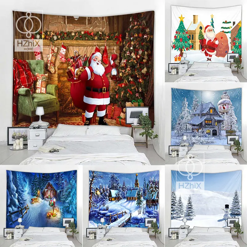 

Christmas Tapestry Wall Hanging Santa Claus Christmas Tree Snow Scene Home Holiday Tapestry Fireplace Christmas Gifts for Decor