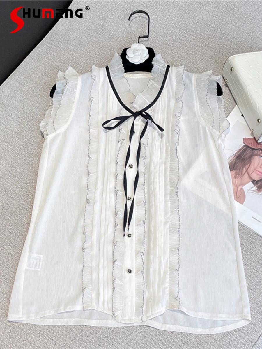 Women's 2022 Summer New French Princess Style Fashionable Sweet Blusas Ladies Elegant Bow Pleated Lace Sleeveless Chiffon Shirt
Women's 2022 Summer New French Princess Style Fashionable Sweet Blusas Ladies Elegant Bow Pleated Lace Sleeveless Chiffon Shirt