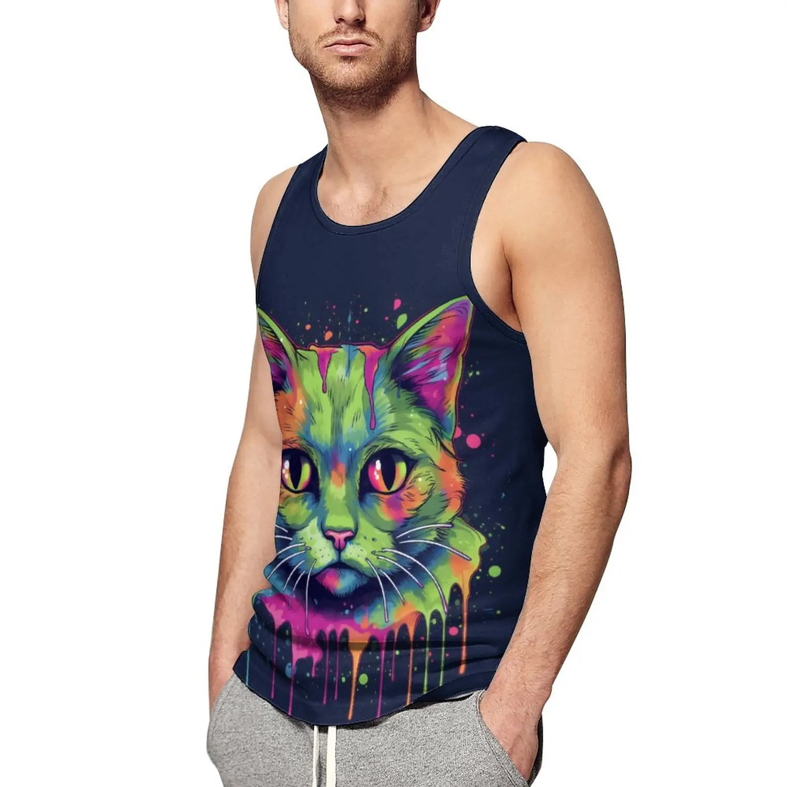 

Cat Tank Top Males Psychadelic Grafitti Training Oversize Tops Summer Trendy Graphic Sleeveless Vests