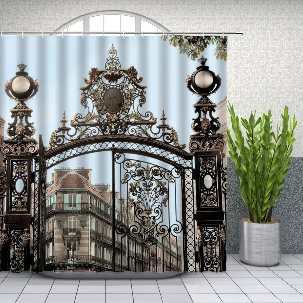 

Medieval Shower Curtain High-end Wooden Castle Wall and Gate Mid-Century Designed Artwork Fabric Bathroom Decor Set with Hooks