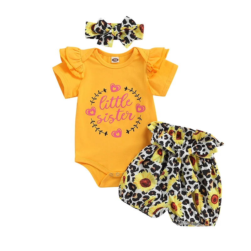Girls' Romper Set Short Sleeve Garland Letter Print Jumpsuit + Leopard Print Sunflower Shorts + Headband For Newborn Babies
Girls' Romper Set Short Sleeve Garland Letter Print Jumpsuit + Leopard Print Sunflower Shorts + Headband For Newborn Babies