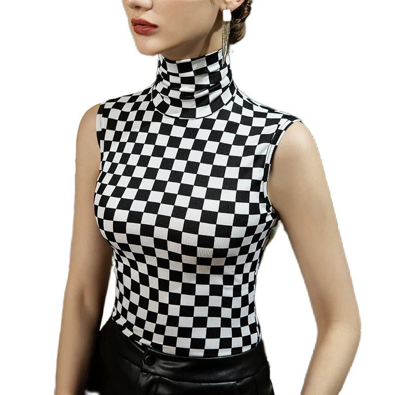 Women Clothing Sleeveless Turtleneck Women's T-shirt Plaid Printed Mesh Woman Top Spring Summer Tops For Women
Women Clothing Sleeveless Turtleneck Women's T-shirt Plaid Printed Mesh Woman Top Spring Summer Tops For Women