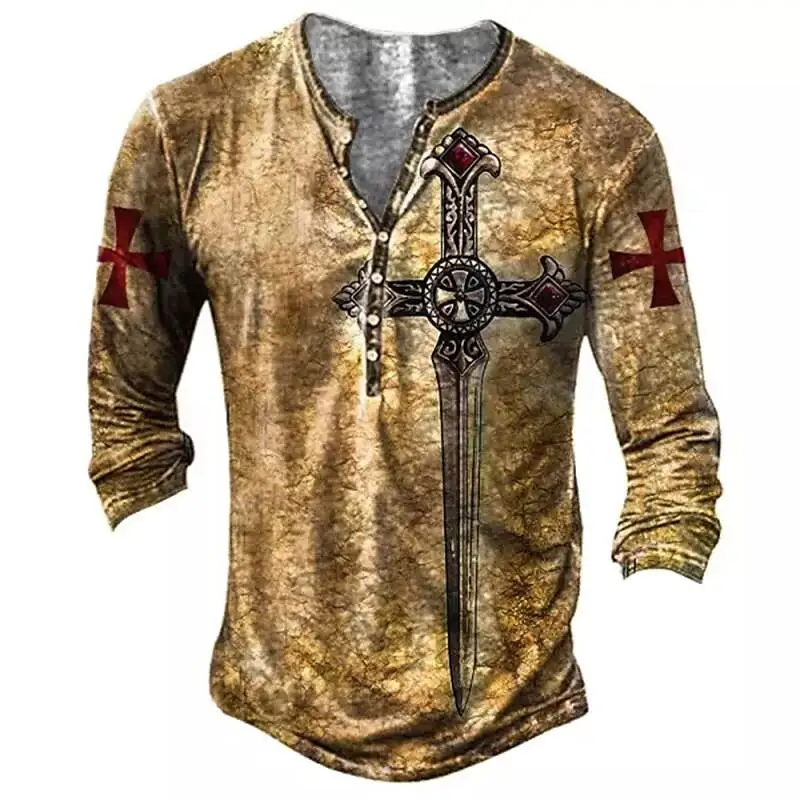 

Vintage Cotton Men's T-shirts 3D Printed Knight Gothic Long Sleeve Casual Henley Shirt Oversized Top Tee Shirt Man Punk Pullover