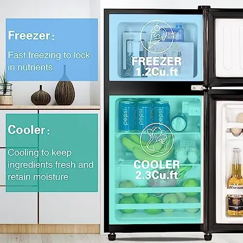

Компактный холодильник 3,5 куб. Футов, 2-дверный мини-холодильник с морозильной камерой для квартиры, общежития, офиса, семьи, подвала, гаража, серебристый