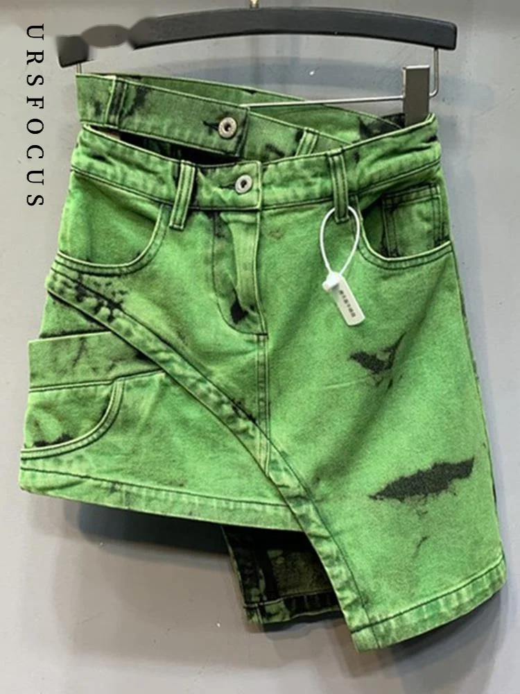 

URSFOCUS Women Skirt Summer High Waist Green Broken Asymmetric Sashes Tie Dye Denim Skirts Above Knee Patchwork Skirt 4ASO
