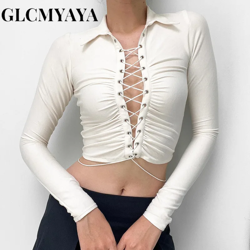 

GLCMYAYA Women Hotsweet Turn-down Collar Hollow Out Bandage Tee Tops 2023 Casual Basics Long Sleeve Solid Slim Folds T-Shirts