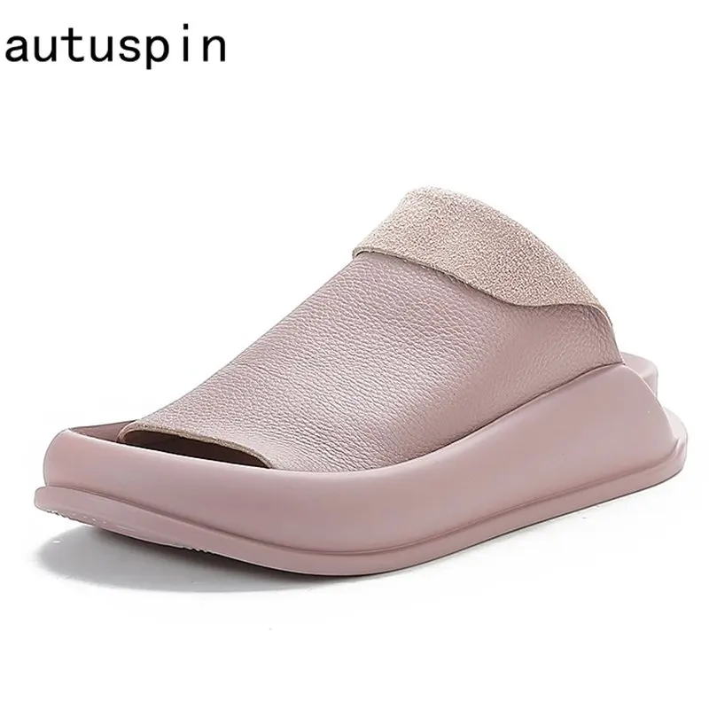 

Autuspin Summer Women Slippers Fashion Flat Platform Casual Shoes Ladies Genuine Leather Retro Slides Chunky Wedges Slipper