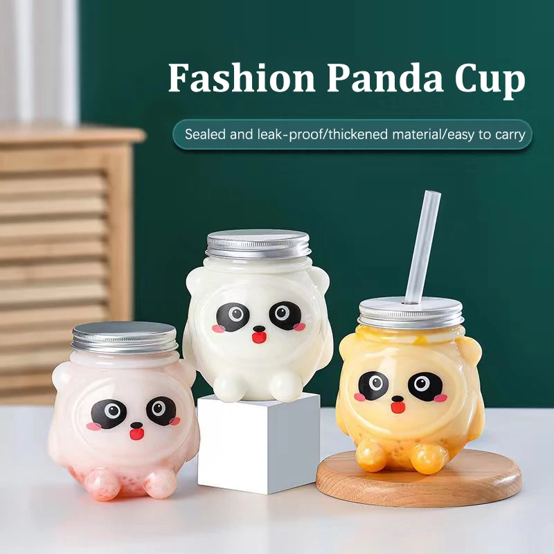 

1PC Cute Panda Drink Cup Takeaway Creative Bubble Milk Tea Container Transparent PET Disposable 500ml Juice Cup Party Favors