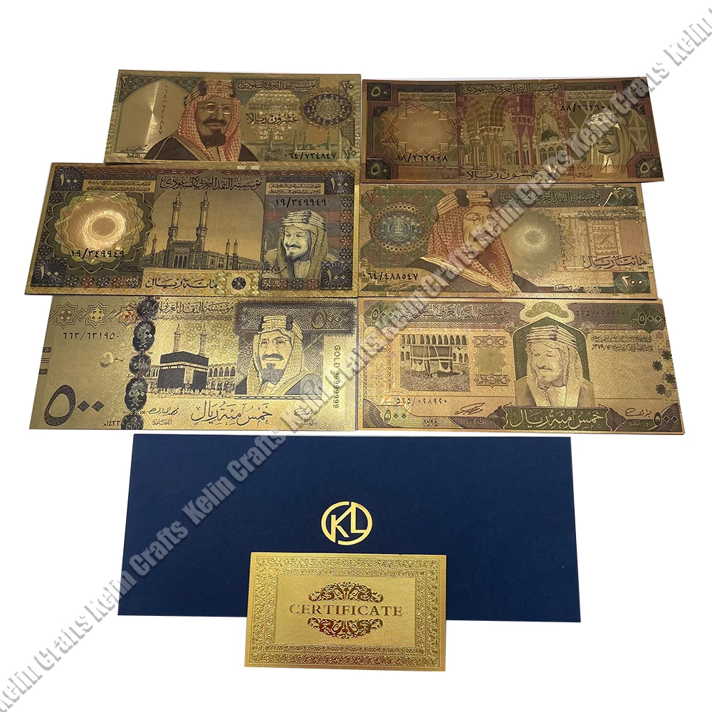 Beautiful 6 Designs Saudi Arabia 20 50 100 200 500 Saudi Riyal Gold Banknote for Gifts and World Money Collection
Beautiful 6 Designs Saudi Arabia 20 50 100 200 500 Saudi Riyal Gold Banknote for Gifts and World Money Collection