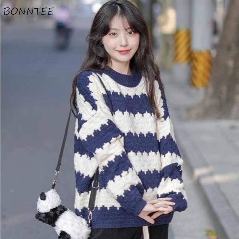 

Pullovers Women Striped Loose Fashion Teens Autumn Sweater Warm Lazy College Casual Soft Ulzzang Retro Sweet Tender Girlish Ins