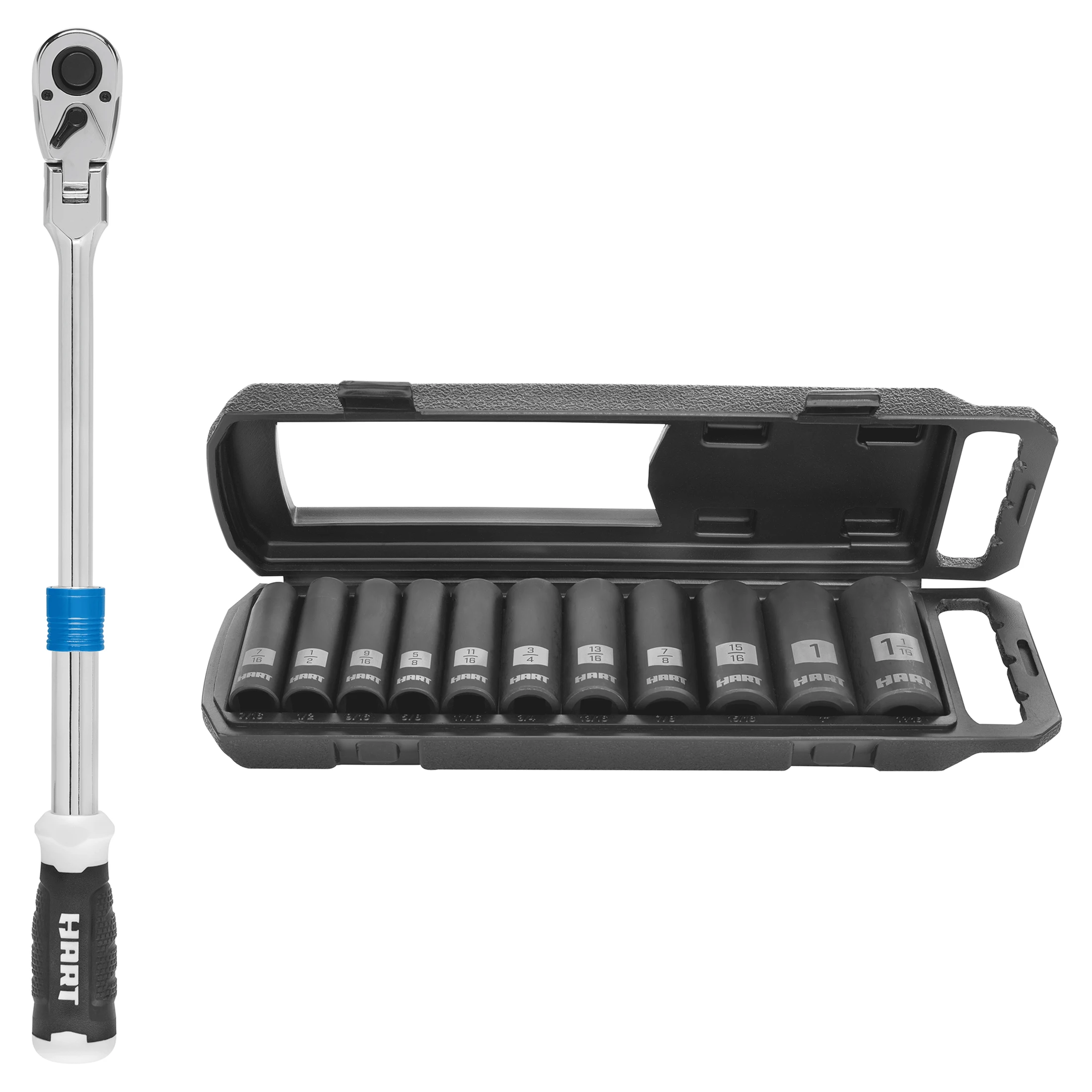 1/2-inch Drive Extendable Ratchet with Flexible Head and 11-Piece 1/2-inch Drive SAE Impact Soocket Set,Chrome Vanadium
1/2-inch Drive Extendable Ratchet with Flexible Head and 11-Piece 1/2-inch Drive SAE Impact Soocket Set,Chrome Vanadium