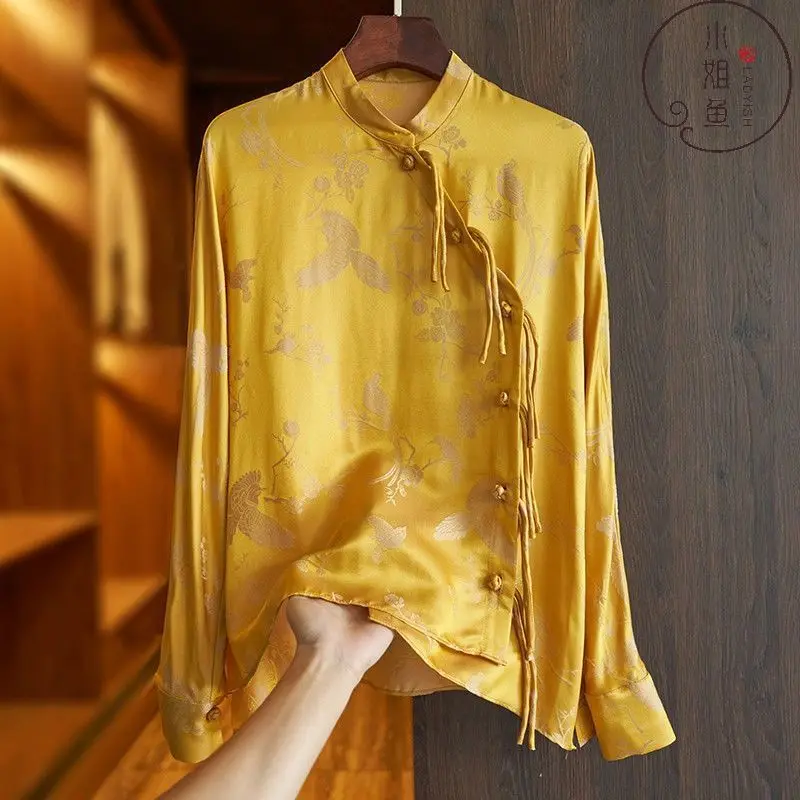 Yellow Printed Imitation Silk Shirt Long Sleeve Women's 2022 Spring New Vintage Chinese style Disc Buckle Down Loose top
Yellow Printed Imitation Silk Shirt Long Sleeve Women's 2022 Spring New Vintage Chinese style Disc Buckle Down Loose top