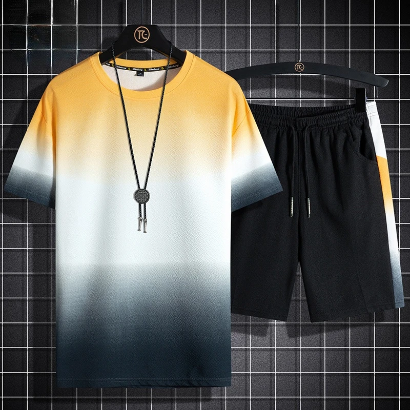 

Men Fashion 2 Piece Sets Casual Sweat Suit Short Sleeve T-shirt Shorts Sets Male Sportswear Tracksuit 2022Summer Sportsuit 7XL